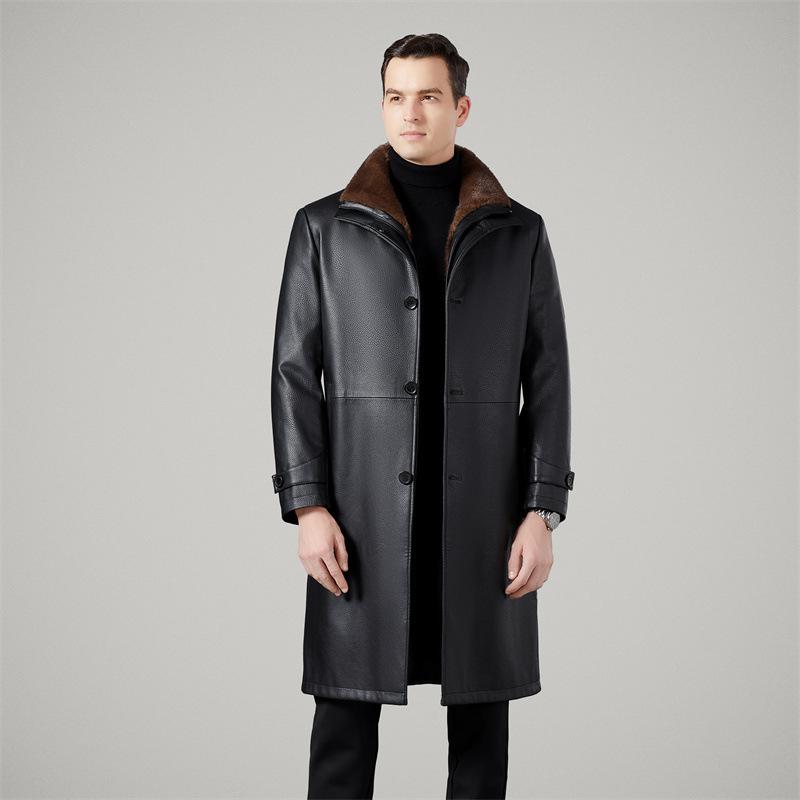 New leather jacket men's long leather jacket business casual removable liner lapel knee-length leather coat jacket for men