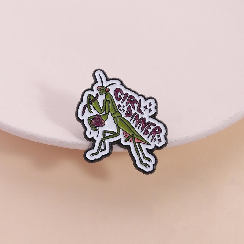 Girl Dinner Enamel Pins Cartoon Praying Mantis Brooch Lapel Badges Cute Insect Feminist Women Power Jewelry Gift for Friends