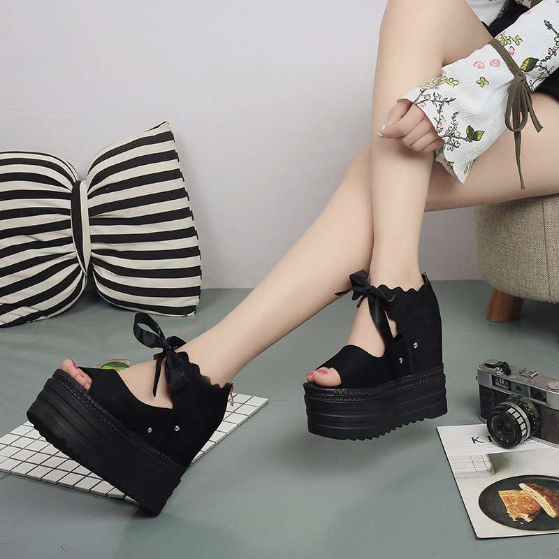 2025 Summer Bow Korean Version of the New Super High Heel Wedge Thick Sole Inner Height Increase and Thin Hollow Fish Mouth Sandals Women