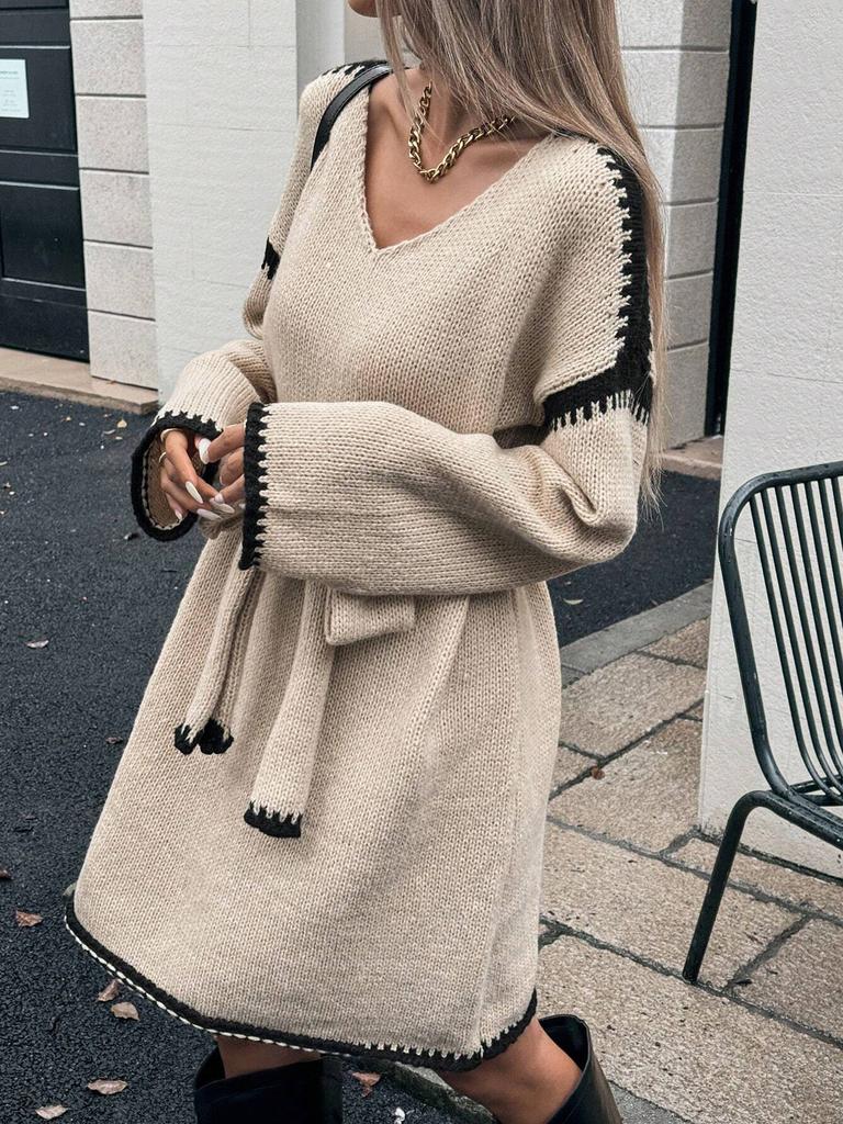 Women's Loose-fit Knitted V-neck Long Sleeve Dress With Belt
