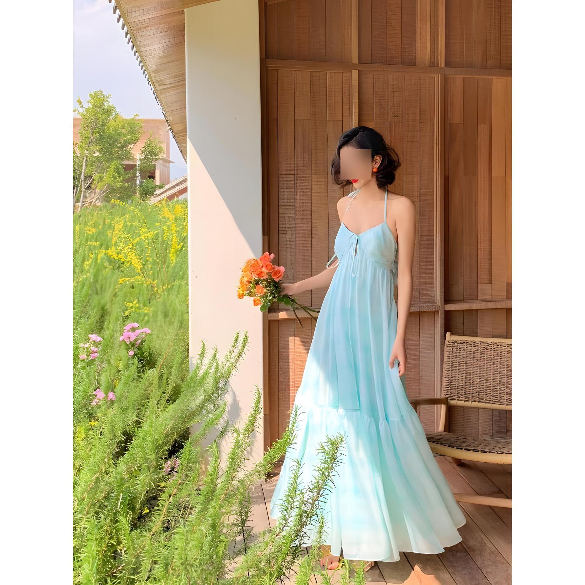 

Праздничный наряд, новый темперамент девочки, платье на бретелях с открытой спиной, длинная юбка, женское летнее пляжное платье XL- (recommended 110-60kg)