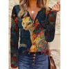Women's Casual Tops with Long Sleeves - 3D Cat Flower Print V-neck Top, Lightweight and Comfortable, Machine Washable, Artistic Painting Style Design