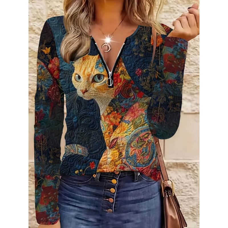 Women's Casual Tops with Long Sleeves - 3D Cat Flower Print V-neck Top, Lightweight and Comfortable, Machine Washable, Artistic Painting Style Design
