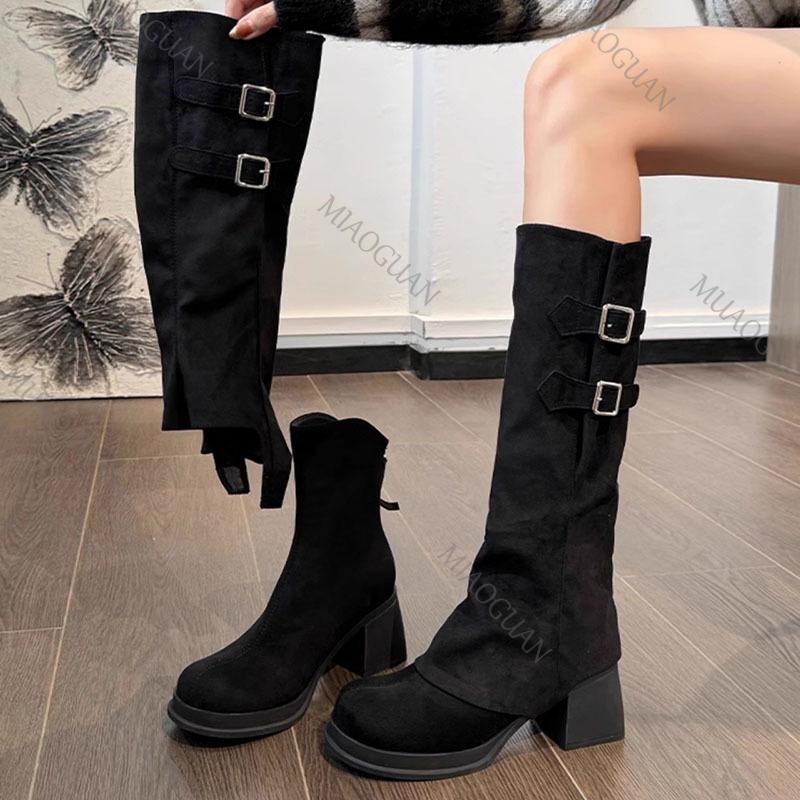 Fashion Retro Fashion Removable Two Wear Suede Knee High Long Boots Chunky High Heeled Women's Shoes 2025 Autumn Solid Thigh-high Boots