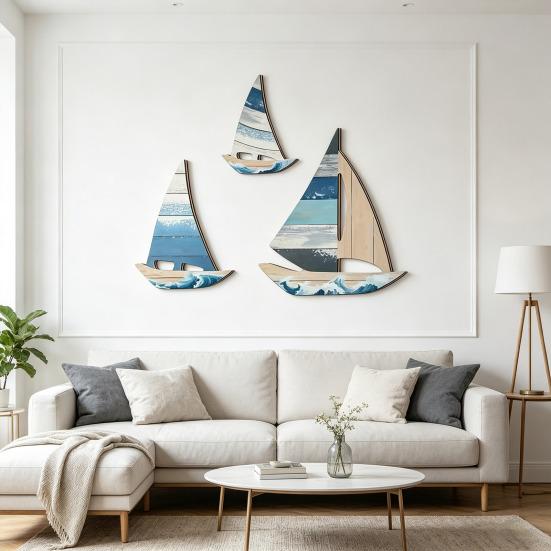 3 Pezzi Arte Murale Vela Nautica Tema Oceano Costiero Decorazione Murale Nave in Legno Scultura da Appendere per Casa sul Lago Soggiorno Camera da Letto
