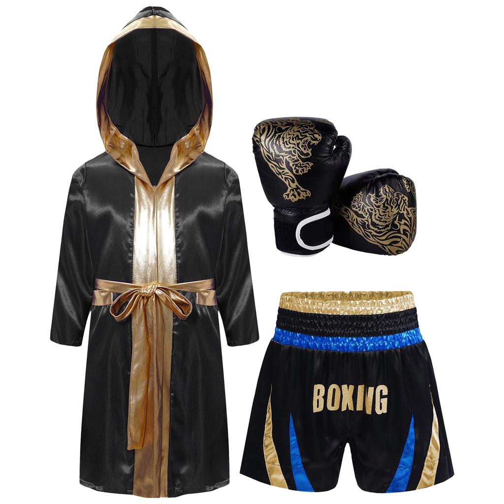 Jungen Boxausrüstung Set: Satin-Bademantel mit Gürtel und metallischem Besatz, Color-Block-Shorts & Tigerprint-Trainingshandschuhe