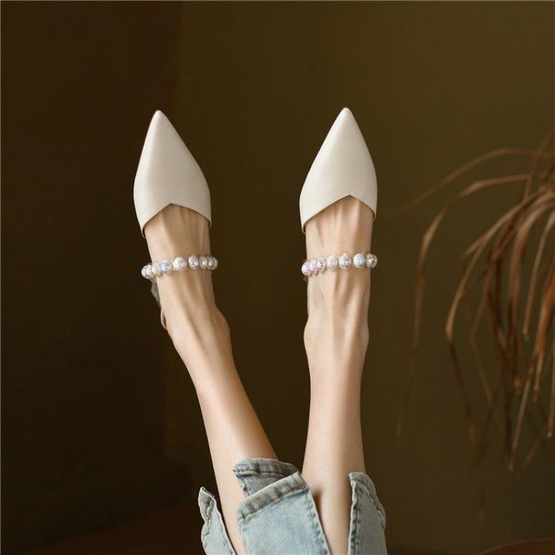 Women's Slippers and Ladies Sandals Mules Slides with Heel Shoes Crystals Rhenstone Summer 2024 Jewels Off White Pointed Toe Vip