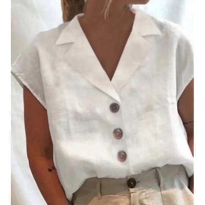 Camicette bianche estive vintage da donna casual in cotone e lino, per il tempo libero, con colletto e giacca con bavero