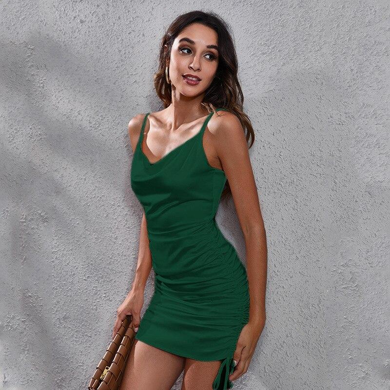 2022 Fashion Elegant Summer Draw String Backless Bodycon Dress Women Shirring Satin Sundress Female Streetwear Sexy Club Outfits