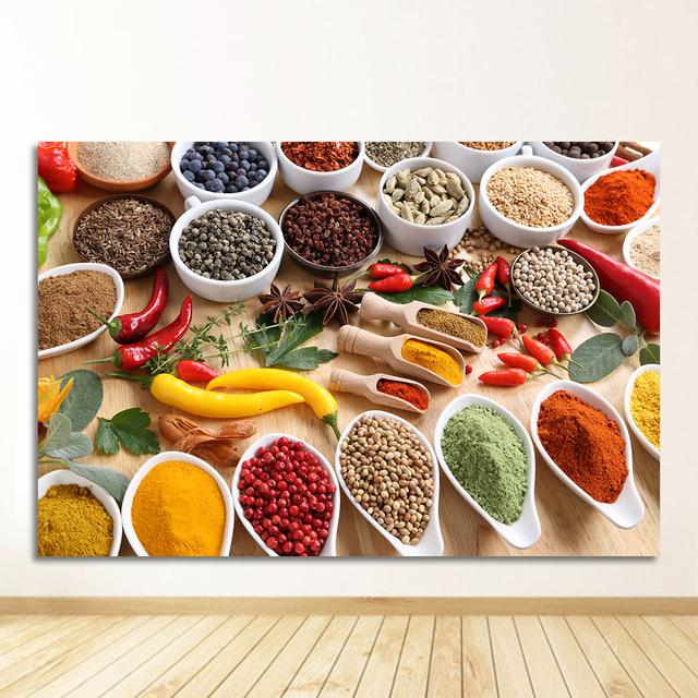 Leinwandgemälde Cuadros skandinavische Poster und Drucke Wandkunst Essen Bild Wohnzimmer Körner Gewürze Löffel Paprika Küche Kein Rahmen