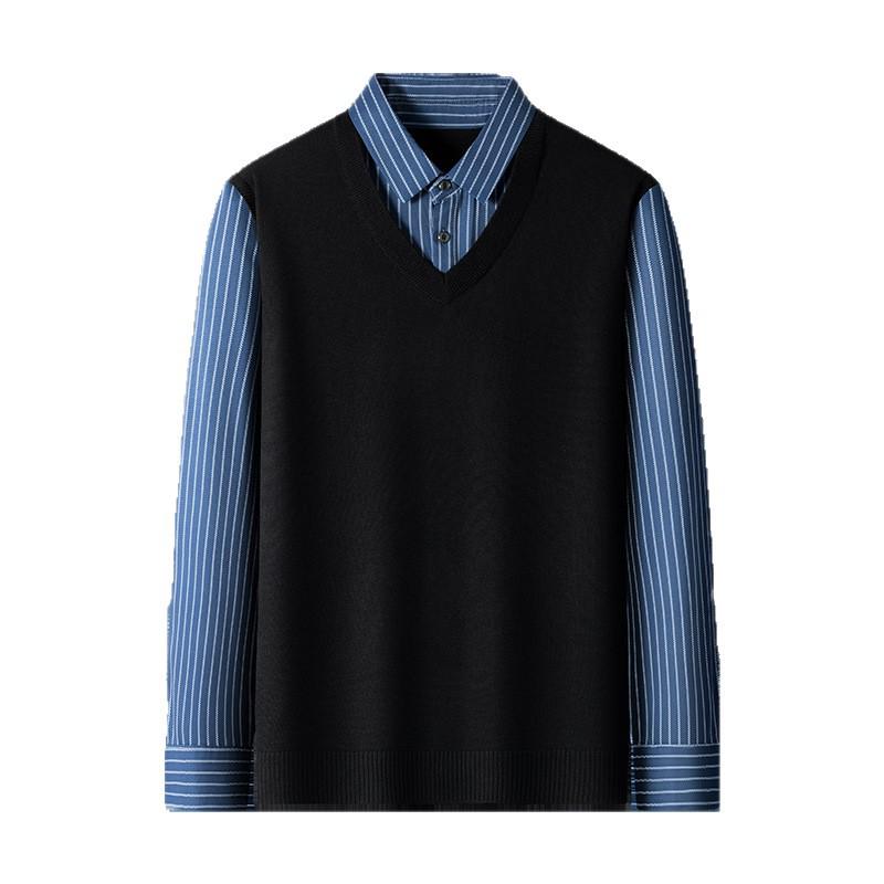 Men's Two-Piece Look Sweater with Striped Shirt Collar – Spring/Autumn Knit Wool Top & Vest