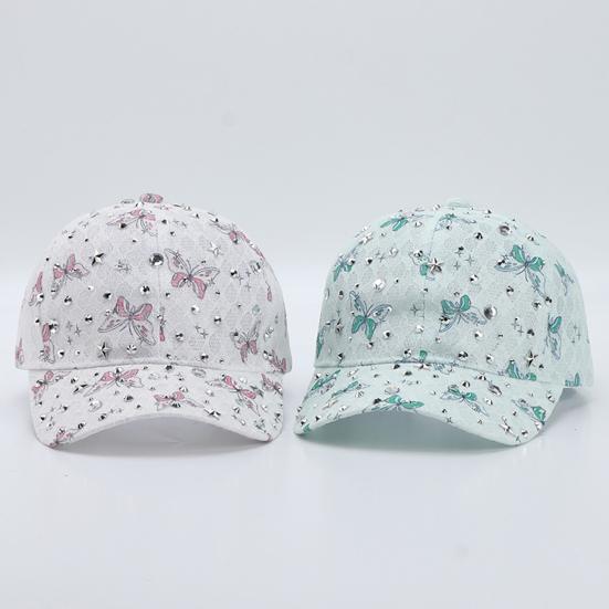 Baseball Hat Adjustable Back Buckle Butterfly Design Curved Brim Sun Protection Lace Hat with Rhinestones Inlaid Women Headwear