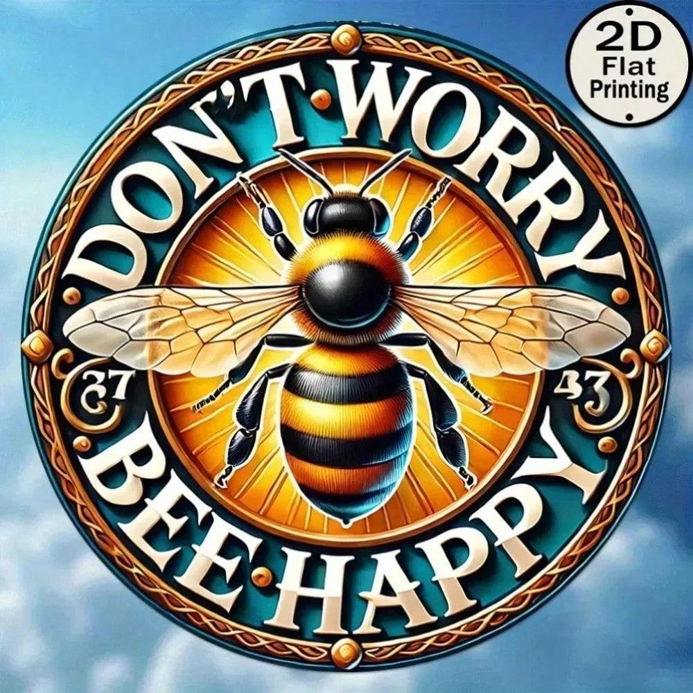 Don't Worry Bee Happy Rustic Round Metal Tin Sign Vintage Wall Art Home Decor