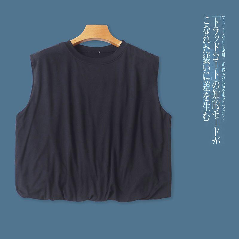 

T-shirt Summer New Arrival Foreign Trade Women s Clothing Minimalist Loose round Neck Pullover Pure Color Stretch Double Layer T-shirt 30522 Black A- 6-1-4 L