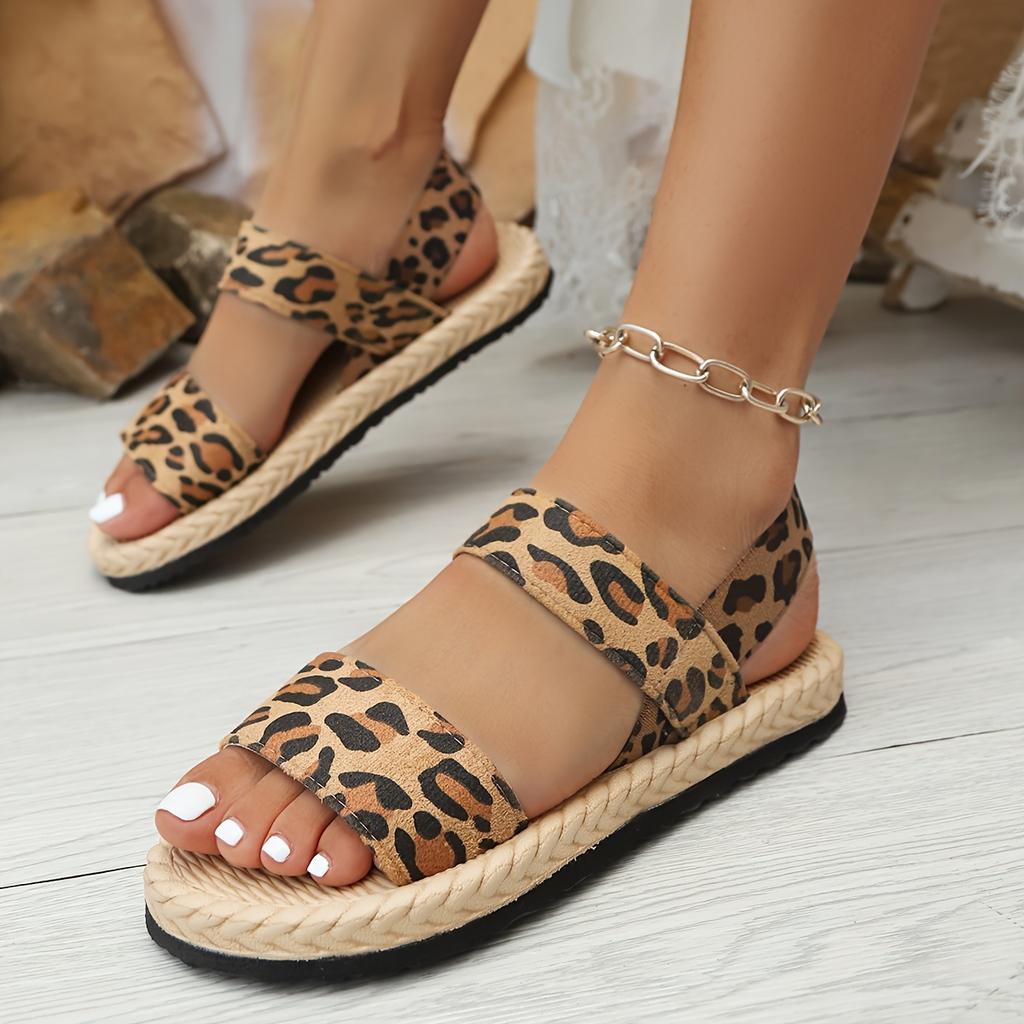 Trendy Leopard Print Women's Plus Size Sandals Summer Ankle Strap Slip-On Open-Toe Casual Shoes with EVA Sole for Beach,