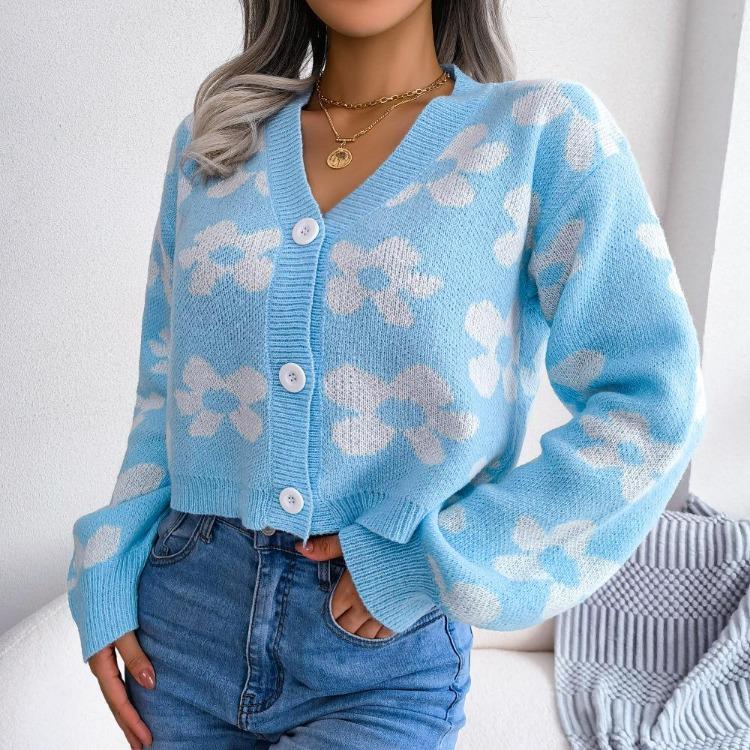 Contrast Color Winter Knitted Cardigan V Neck Lantern Sleeve Flower Sweater Single Breasted Fall Fashion S синий