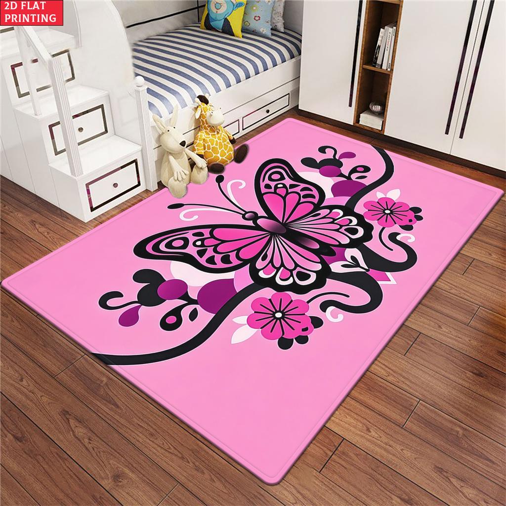 Pink Butterfly Floral Area Rug, Non-Slip Soft Carpet for Living Room Bedroom, Cute Cartoon Decorative Floor Mat for Kids Room