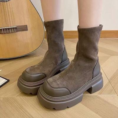 Mode Temperament Braun Vielseitig Dicke Ferse Plateau Kurze Stiefel Damen Neue Herbst Elastische Dünne Stiefel