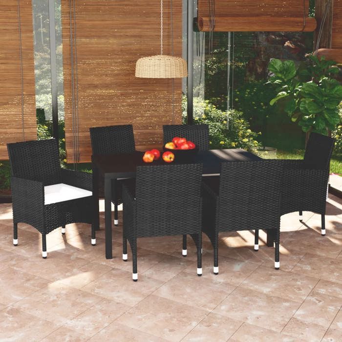 Exclusive House - Garden Dining Set Cushions 7pcs Woven Resin Black