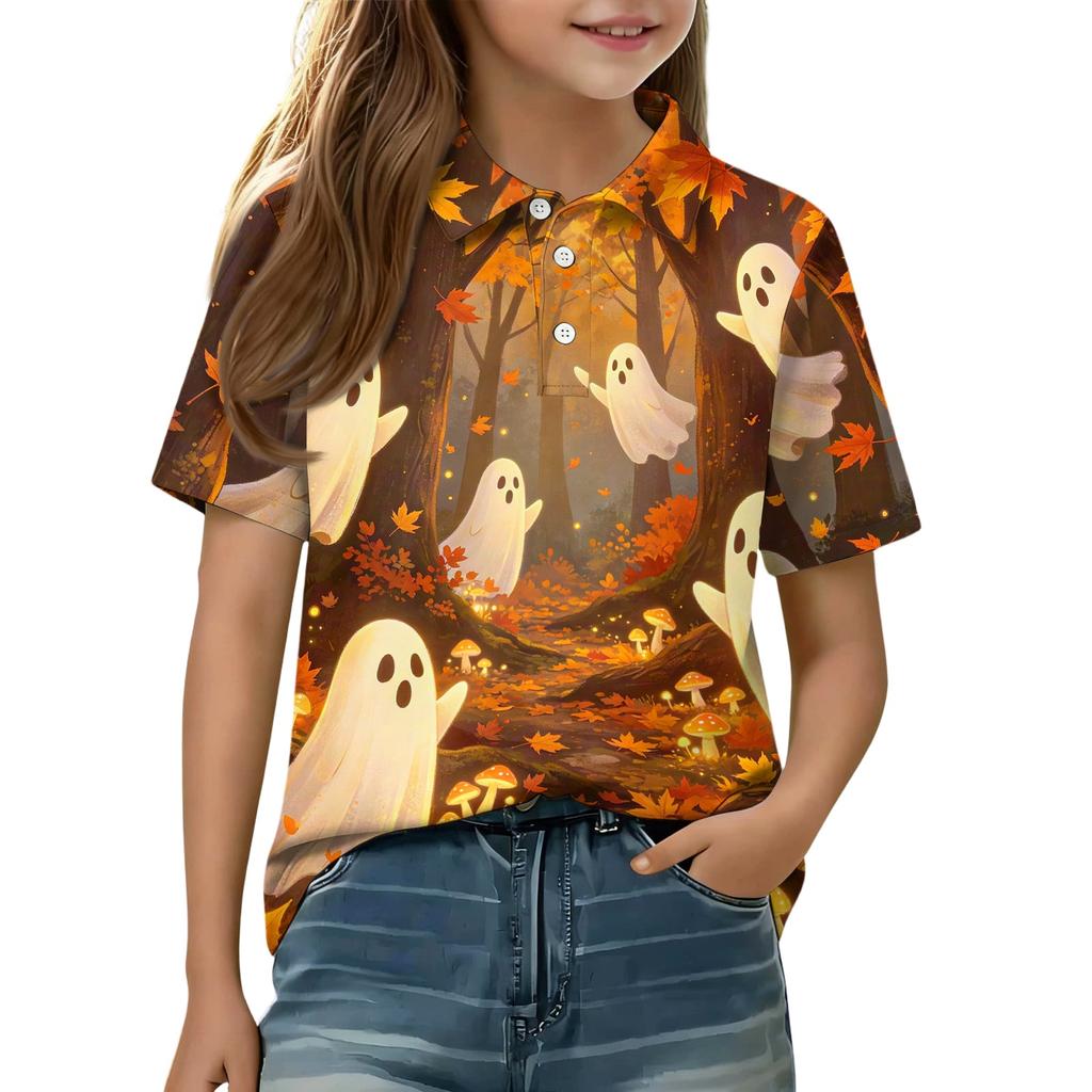 Kids Halloween Print Polo Shirt Casual Short Sleeve Pullover Button Down Collar Tee Top for Boys Girls