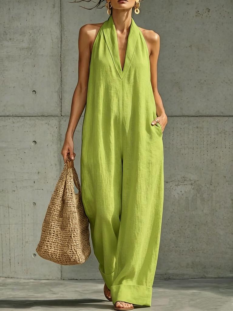 Women Simple Elegant Sleeveless Straight Casual Cotton Linen Jumpsuit