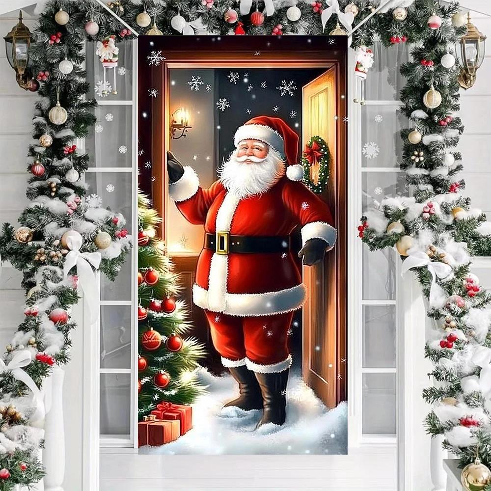 Santa Claus Christmas Door Cover Cloth Lining Decor for Outdoor Garden Kitchen Home Decorations Open the Door Holiday