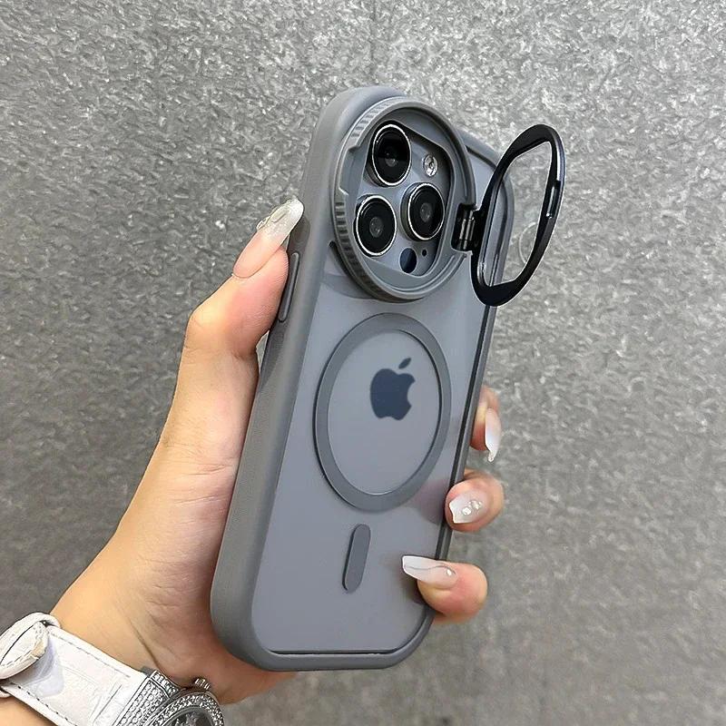 Fold Glass Lens Stand Magnetic Clear Case for 16 15 14 13 11 12 Pro Max Plus Wrist Strap Cord Shockproof Cover