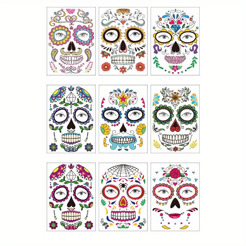 Day of The Dead Face Tattoos – Sugar Skull & Red Roses Halloween Stickers – Makeup Kit for Men & Women, Party Favors – 1 Set