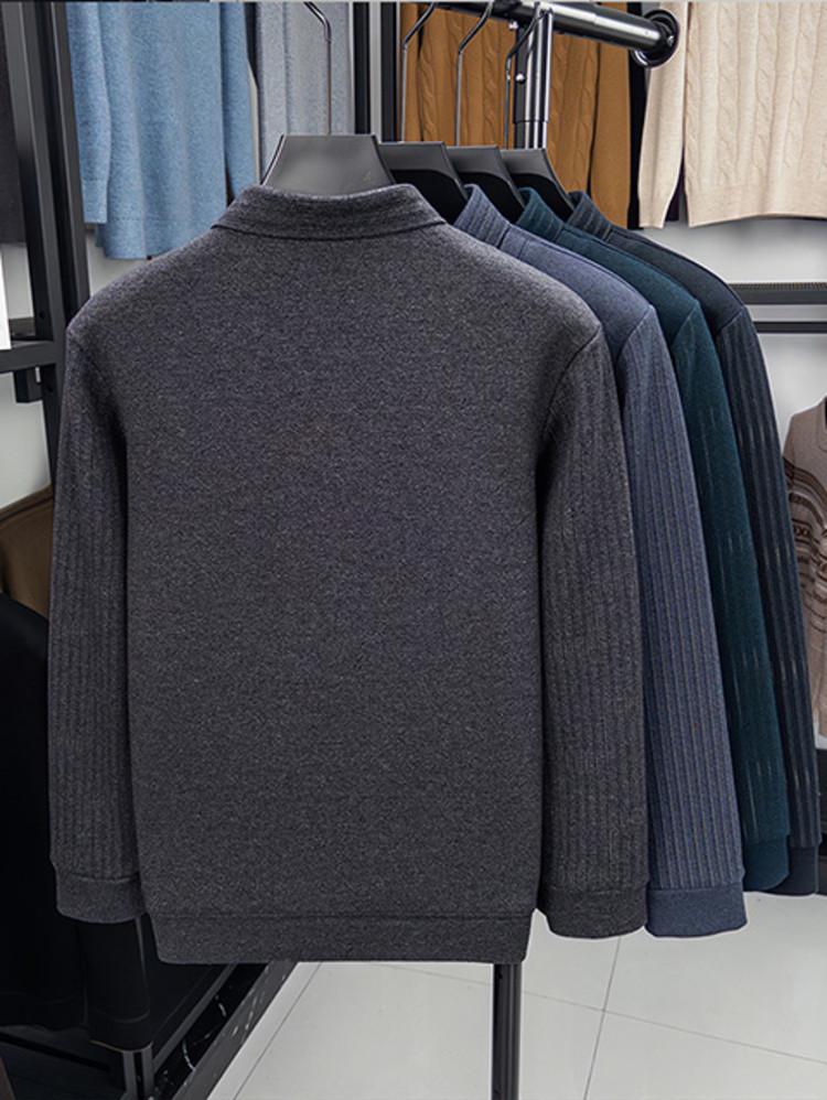 2025 Men's Winter Long Sleeve Lapel Knitwear - Thickened Two-Piece Style, Plus Velvet, Warm Base Layer for Middle-Aged Fathers