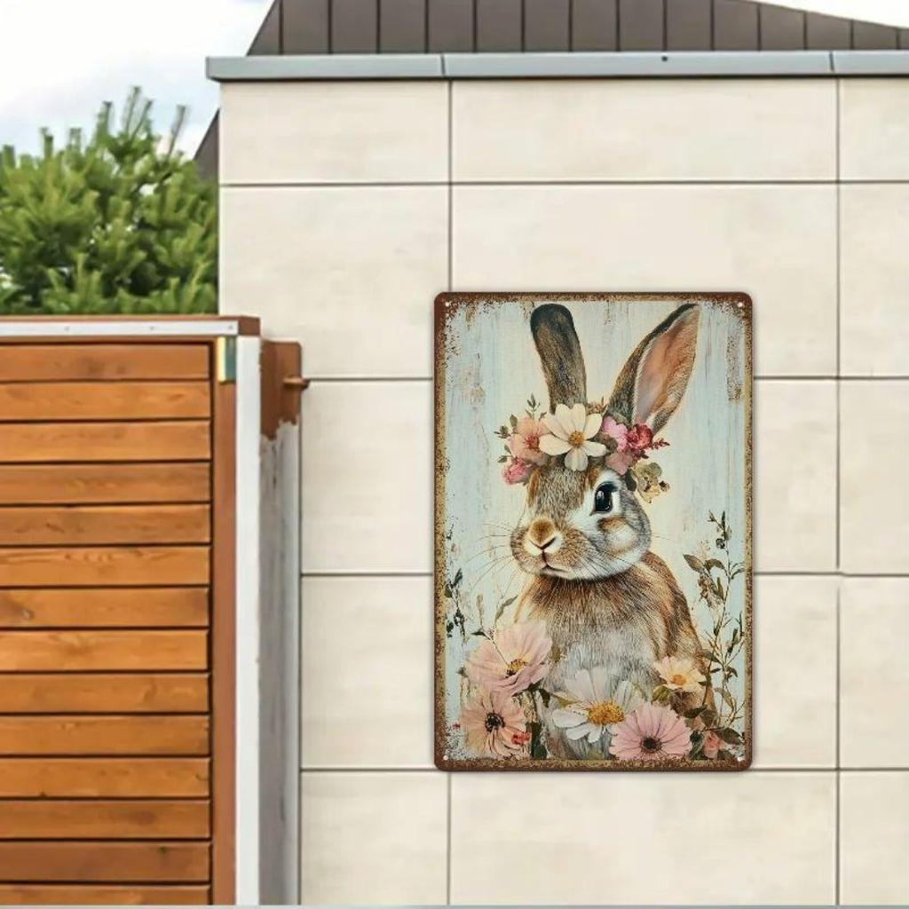 Vintage Bunny with Floral Wreath Metal Tin Sign, Rustic Iron Wall Art for Home, Garden, Gym, Cafe, Garage