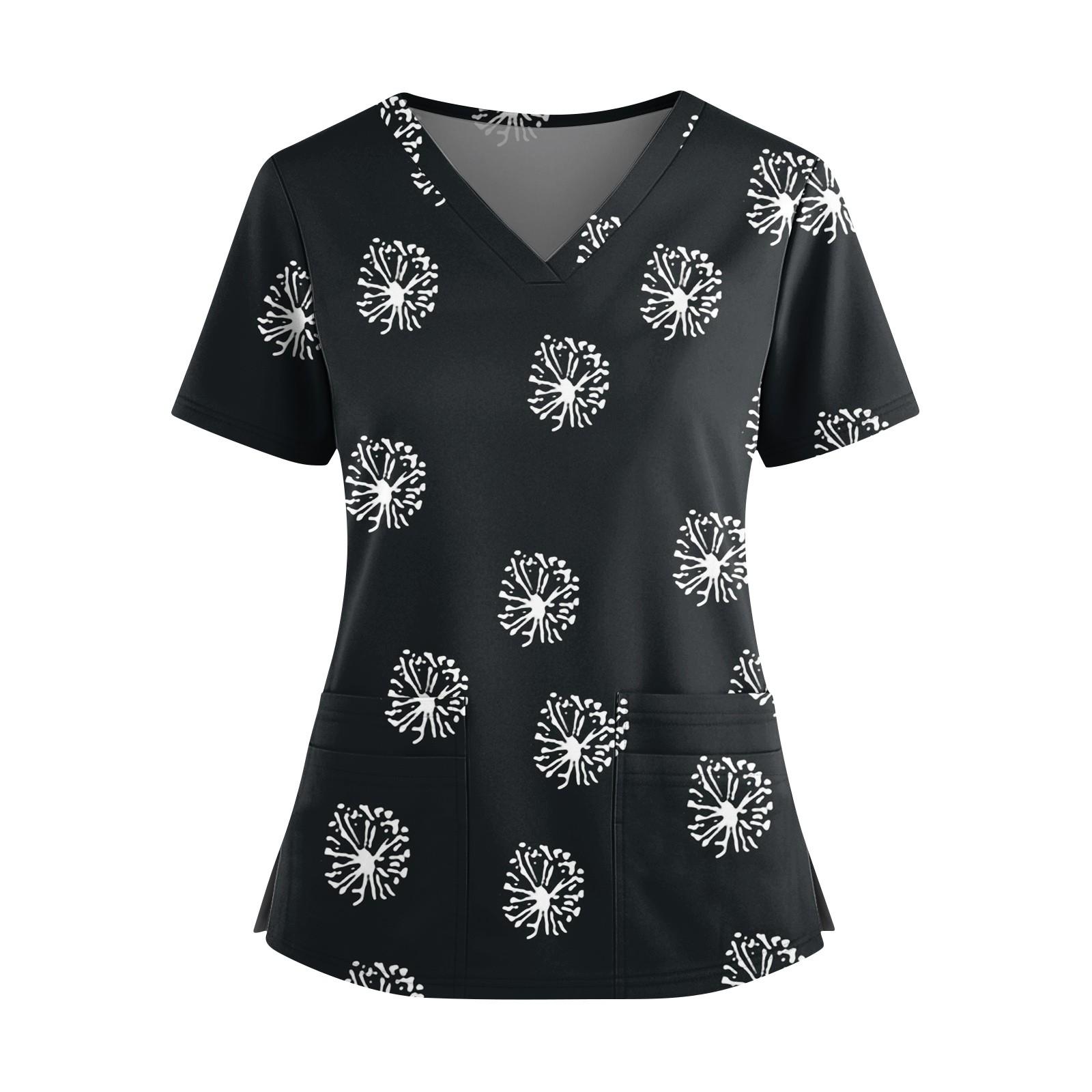 

Женская модная рубашка с принтом, V-образным вырезом, двойным карманом, короткими рукавами и разрезами по подолу, униформа и рабочая блузка XL чёрный