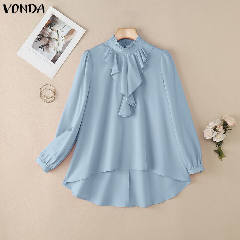 

VONDA Women Elegant Casual Ruffled Stand Neck Loose Long Sleeve Irregular Blouse 5XL синий