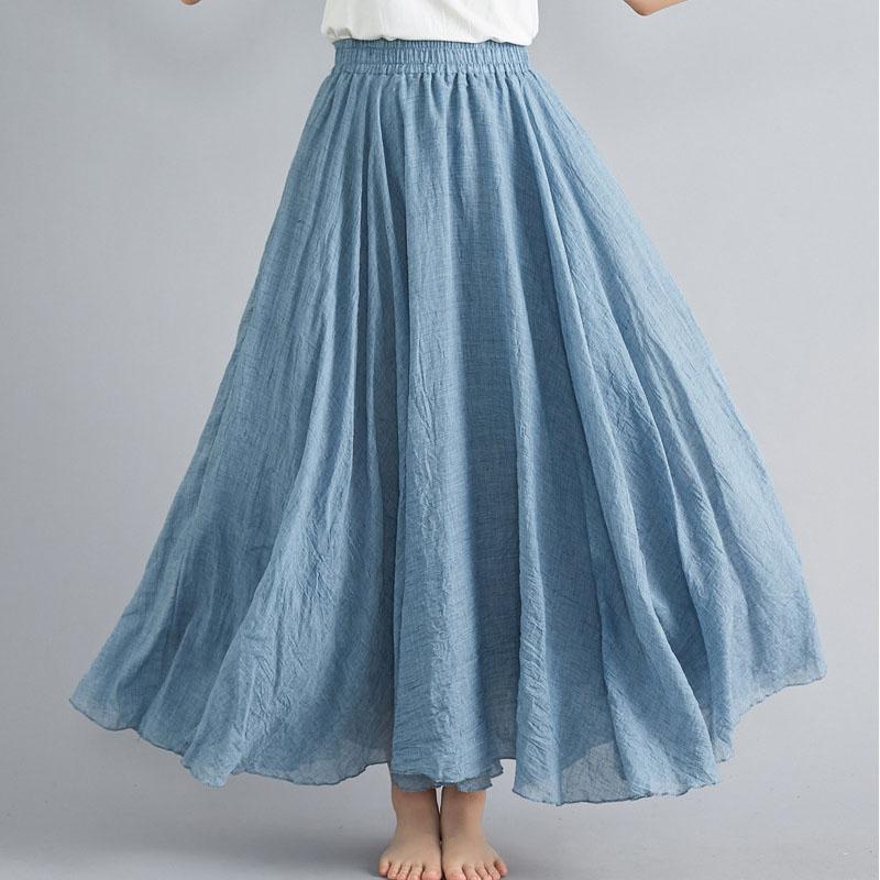 Literary Elastic Waist A-line Expansion Skirt Solid Color Ethnic Style Women Long Skirts
