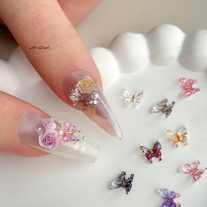 30Pcs 3D Butterfly Nail Charms Colorful Resin Flat Back Bowknot Decorations for Press-On Nails DIY Manicure Art Design