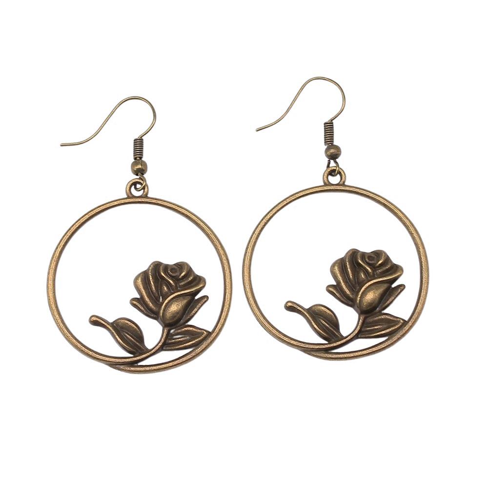Circle Frame Flowers Dangle Earrings Romantic Floral Female Drop Jewelry