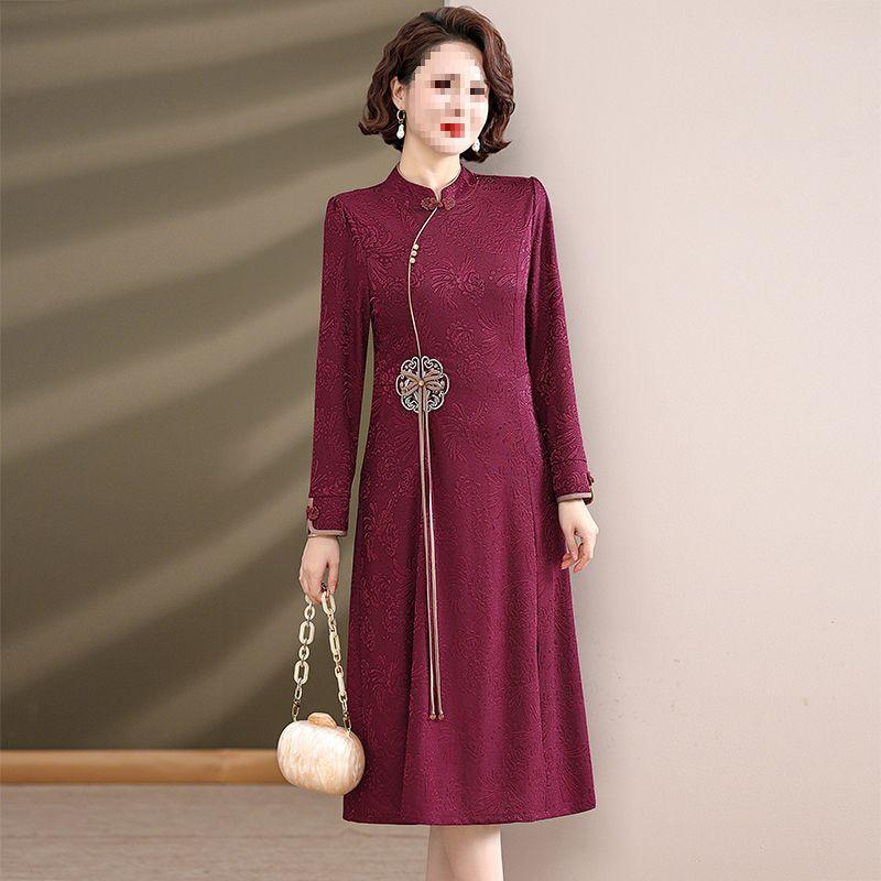 Embroidered Floral Mid-Length Dress - Trendy Spring/Autumn Wear for Middle-Aged and Elderly Women, Chinese Style.