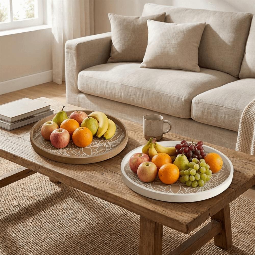 Vintage Round Wooden Serving Tray Large Capacity Decorative Fruit Storage Tray Space Saving Candle Holder Home Decor