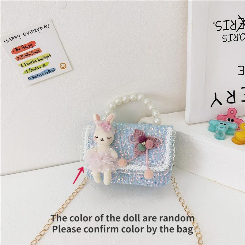 Cute Carto Doll Children's Shoulder Bags Fashi Pearl Handle Princess Girl Messenger Bag Sweet Novel Kid Change Purse Handbag