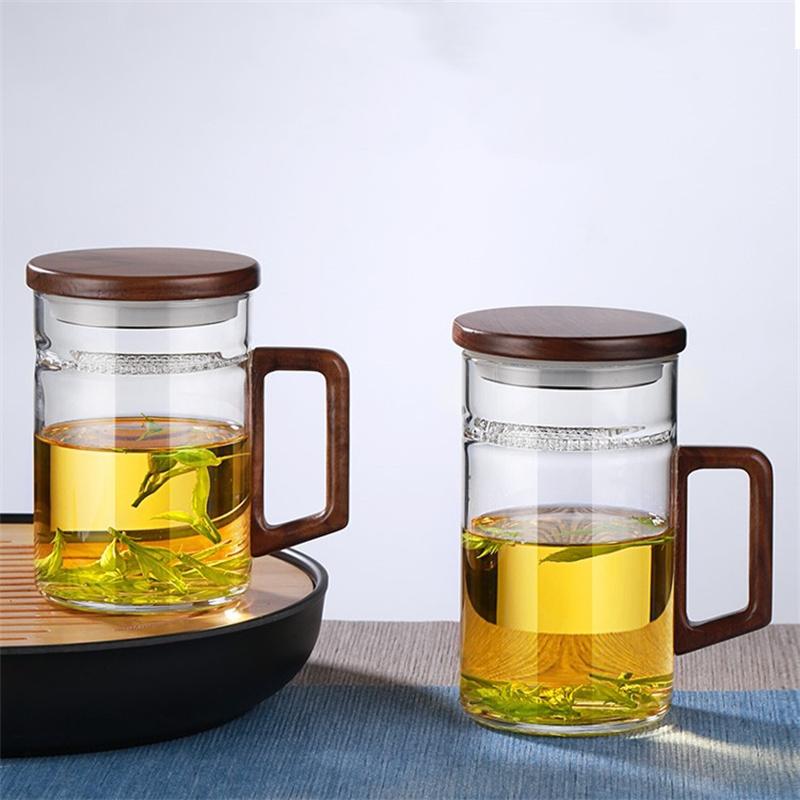 450ml 550ml Heat-resistant Glass Tea Mug With Crescent Filter Wooden Handle Lid Tea Water Separation Cup Drinkware