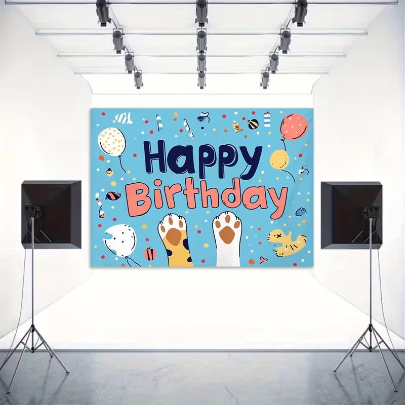 2D Blue Cat Paw Birthday Backdrop Home Party Celebration Photo Background