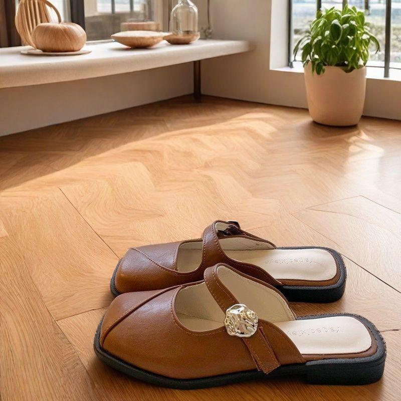 Fashion Metal Buckle One Strap Wrapped Toe Shoes Women's Fashion Square Toe Shallow Mouth Soft Sole Non-slip Low Heel Shoes