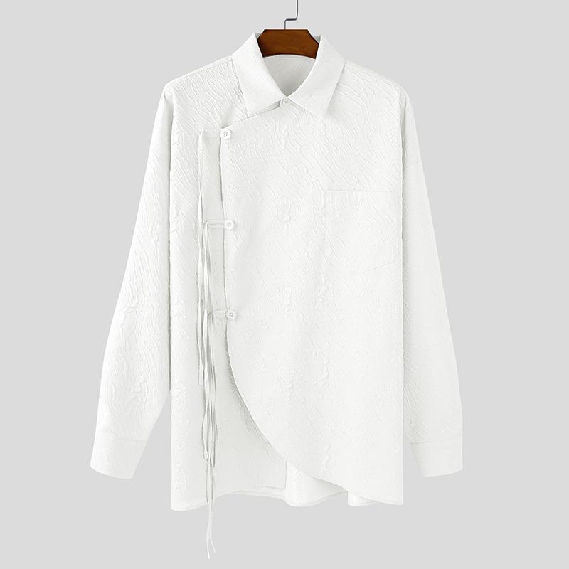 INCERUN Oversized Men Turn Down Collar Long Sleeve Side Cross Irregular Texture Shirts Tops