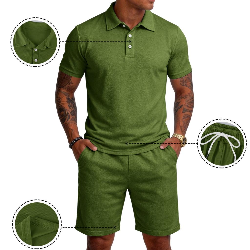 Men Short Sleeve Polo Shirt and Shorts Set Casual Two Piece Outfits Button Down Collar Top and Elastic Waist Bottoms for Daily Wear