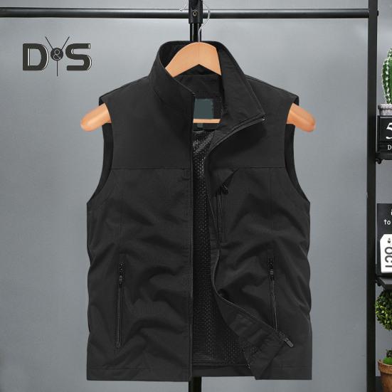 Herre Vest Ståkrage Ermeløs Glidelåslukking Vestjakke med Store Lommer Ensfarget Utendørs Fiskevest