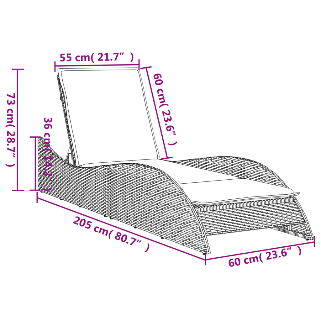 Brown Sun Lounger with Cushion 60x205x73 cm Poly Rattan