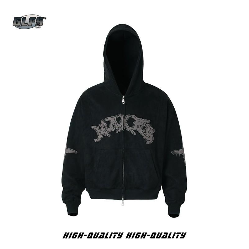 Unisex Oversized Short Hooded Zip-Up Fleece Sweatshirt With Embroidered Letters Patch Detail