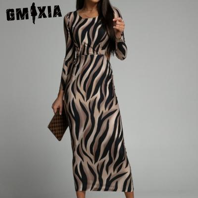 Spring Autumn O-Neck Slim-fit Solid Color Split Halter Waist Dress Long Skirt
