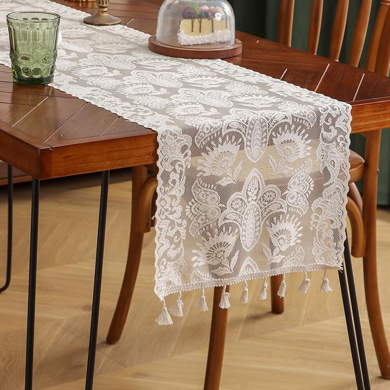 Elegant Nordic White Lace Table Runner with Crochet Tassels - Perfect for Dining or Coffee Tables, Ideal for Christmas Decor.