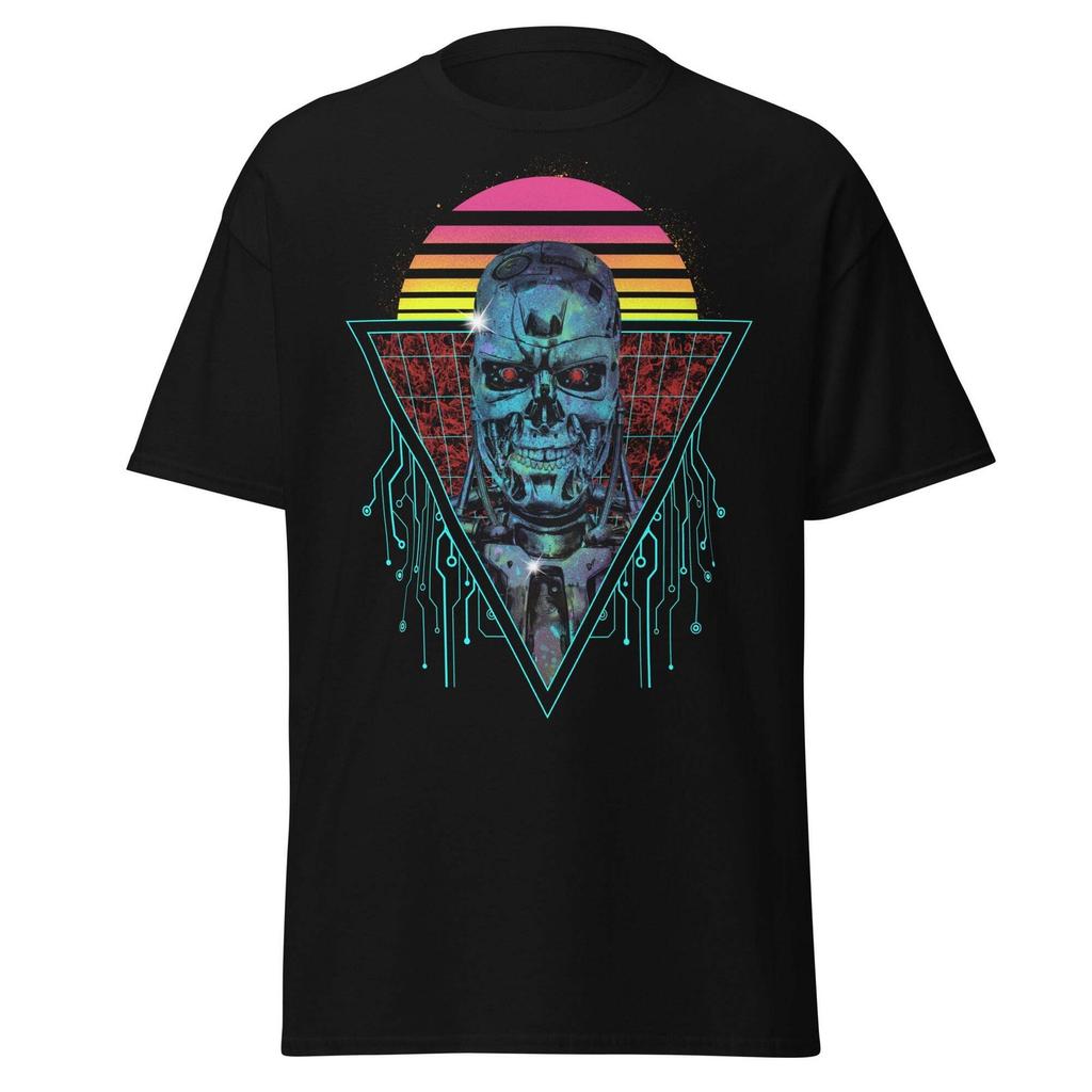 Neon Terminator T-800 Skull Vaporwave T-Shirt