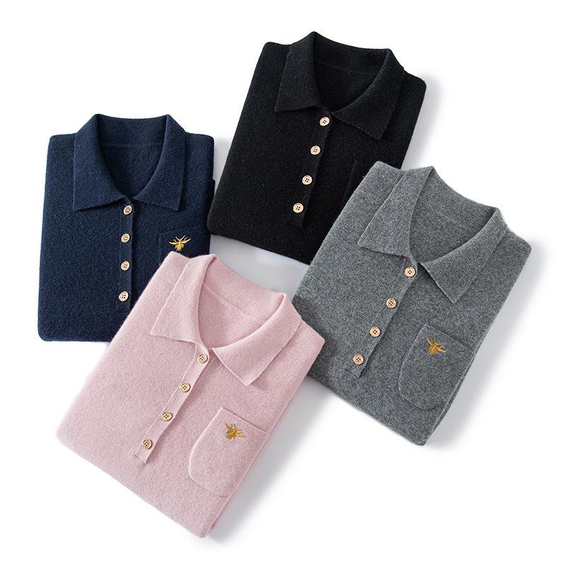 Women's Pure Cashmere Lapel Sweater - Autumn/Winter Loose Polo Knit Jumper